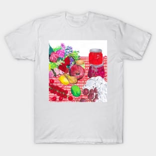 Fruits, Jars, and Flowers on red gingham tablecloth T-Shirt